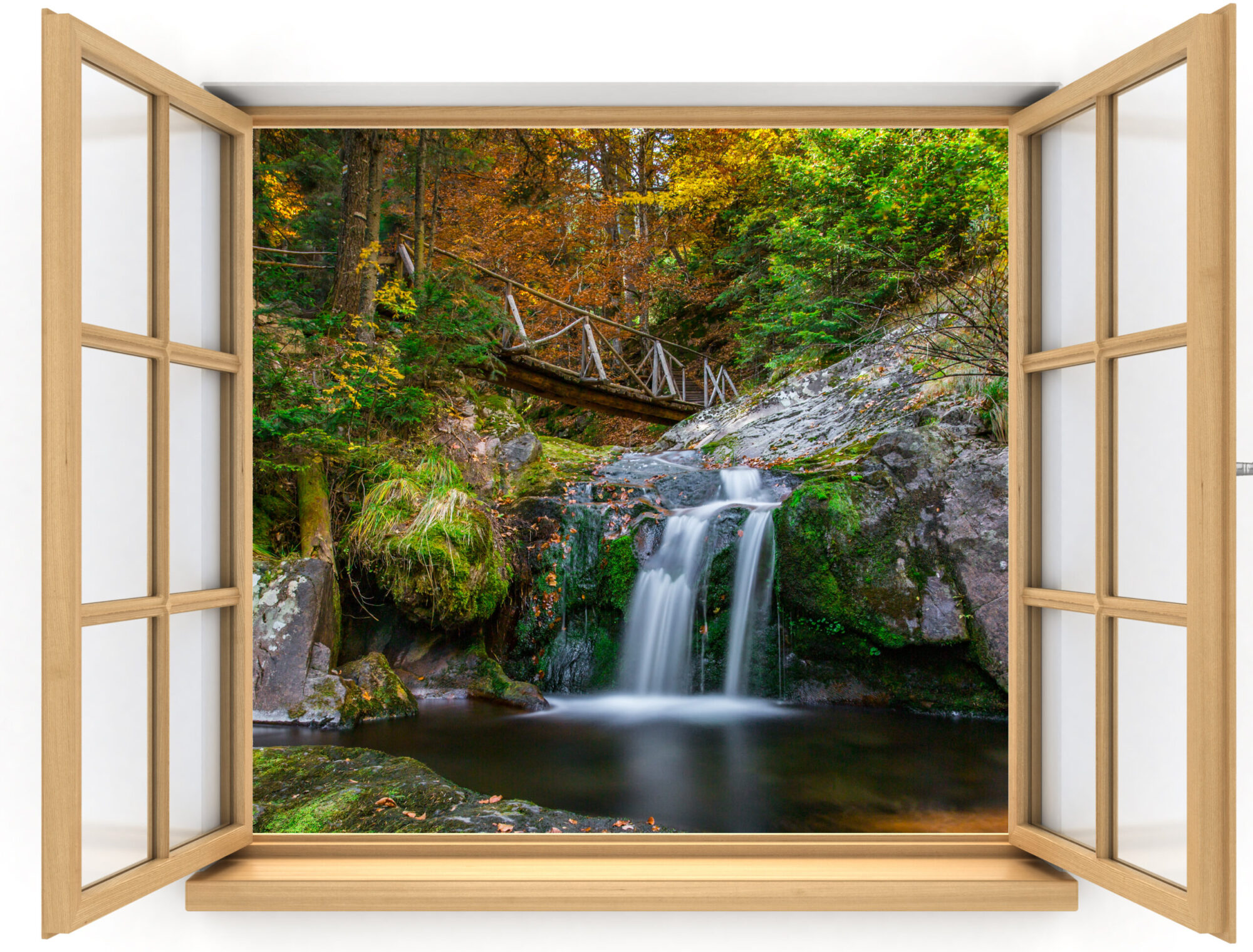 Mural pintado de ventana abierta con vistas a una cascada