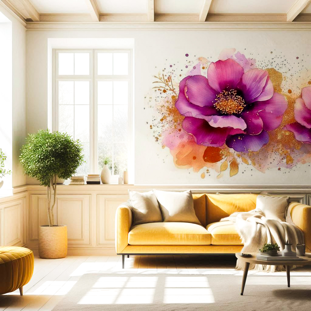 Murales en tu hogar. Salón con un sofá amarillo delante de un mural pintado de flores fucsias